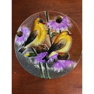 Fused Art Glass Reverse Hand Painted Decorative Plate Birds Flowers‎ Spring 11"